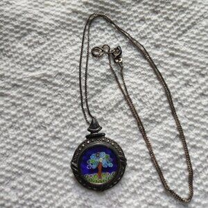 Vintage Murano art glass sterling marcasite pendant sterling chain necklace